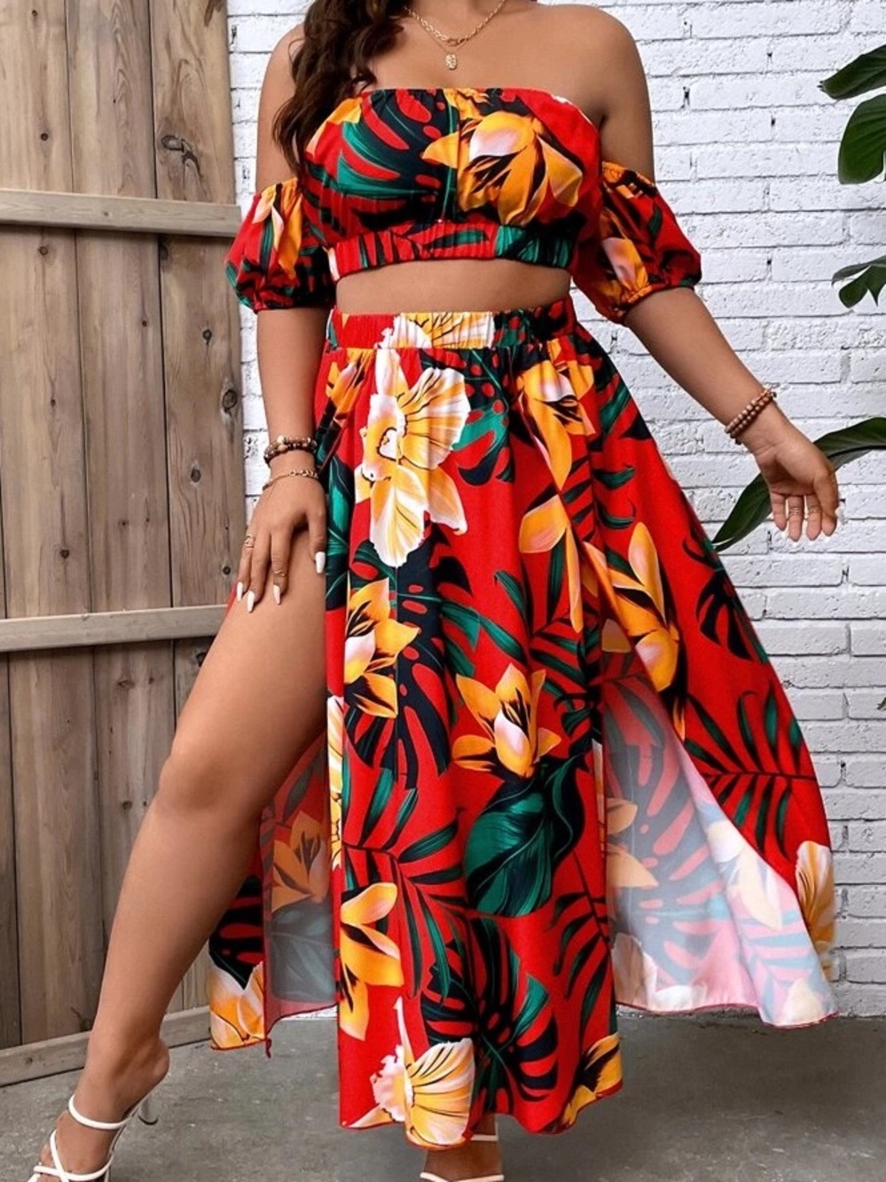 Red Tropical Floral Off-Shoulder Maxi Skirt with side slits